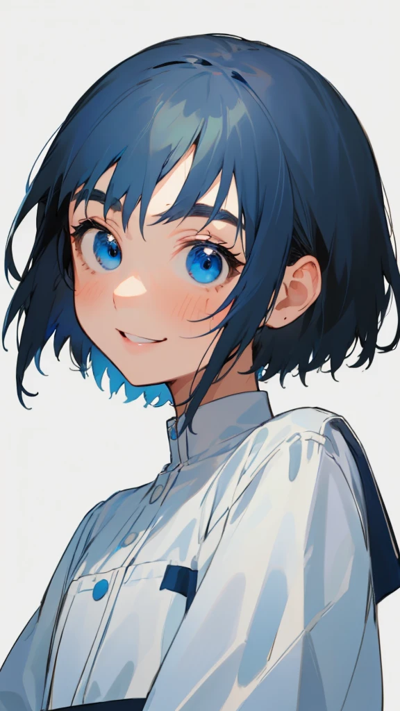 One Girl, solo, Short hair like a boy、Dark blue hair、Light blue hair band:1.2、blue eyes, Laughter, White Dress, Line art, From the side、Upper body close-up、Simple Background, White background,