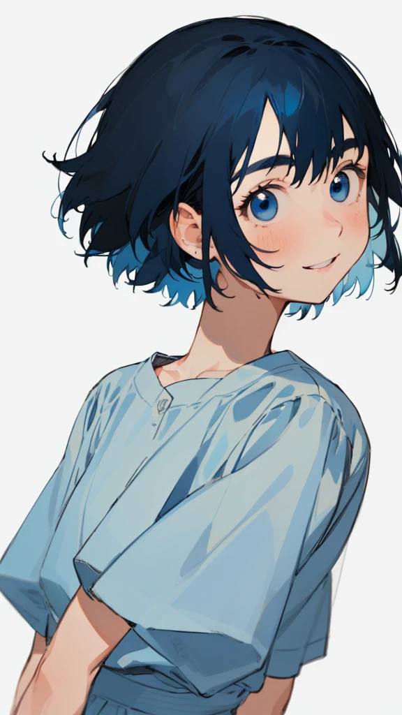One Girl, solo, Short hair like a boy、Dark blue hair、Light blue hair band:1.2、blue eyes, Laughter, White Dress, Line art, From the side、Upper body close-up、Simple Background, White background,