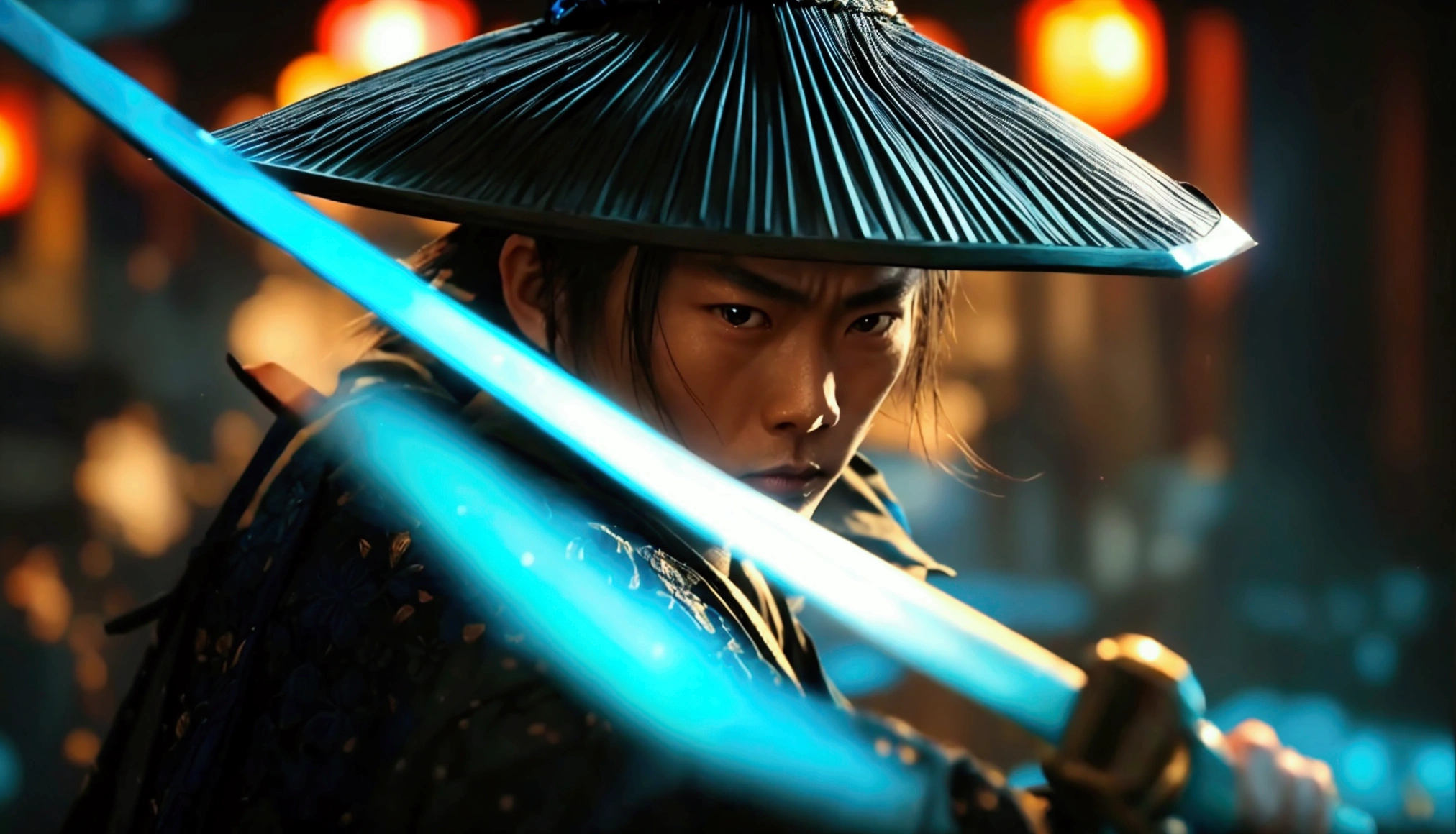 samurai in dark clothes, theft components, with a sword shining blue, facing the front, darkness background, realistic,