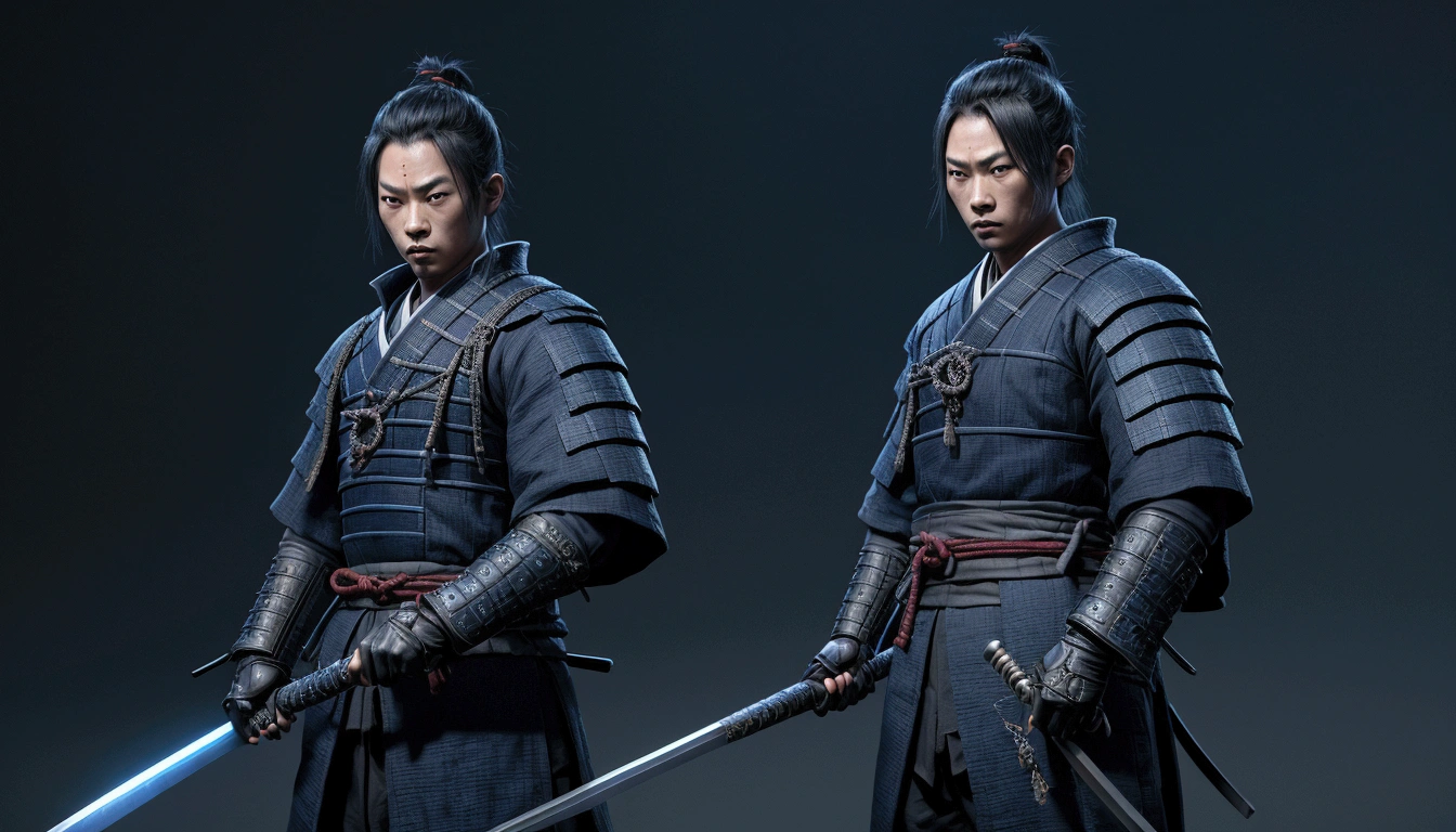 samurai in dark clothes, theft components, with a sword shining blue, facing the front, darkness background, realistic,