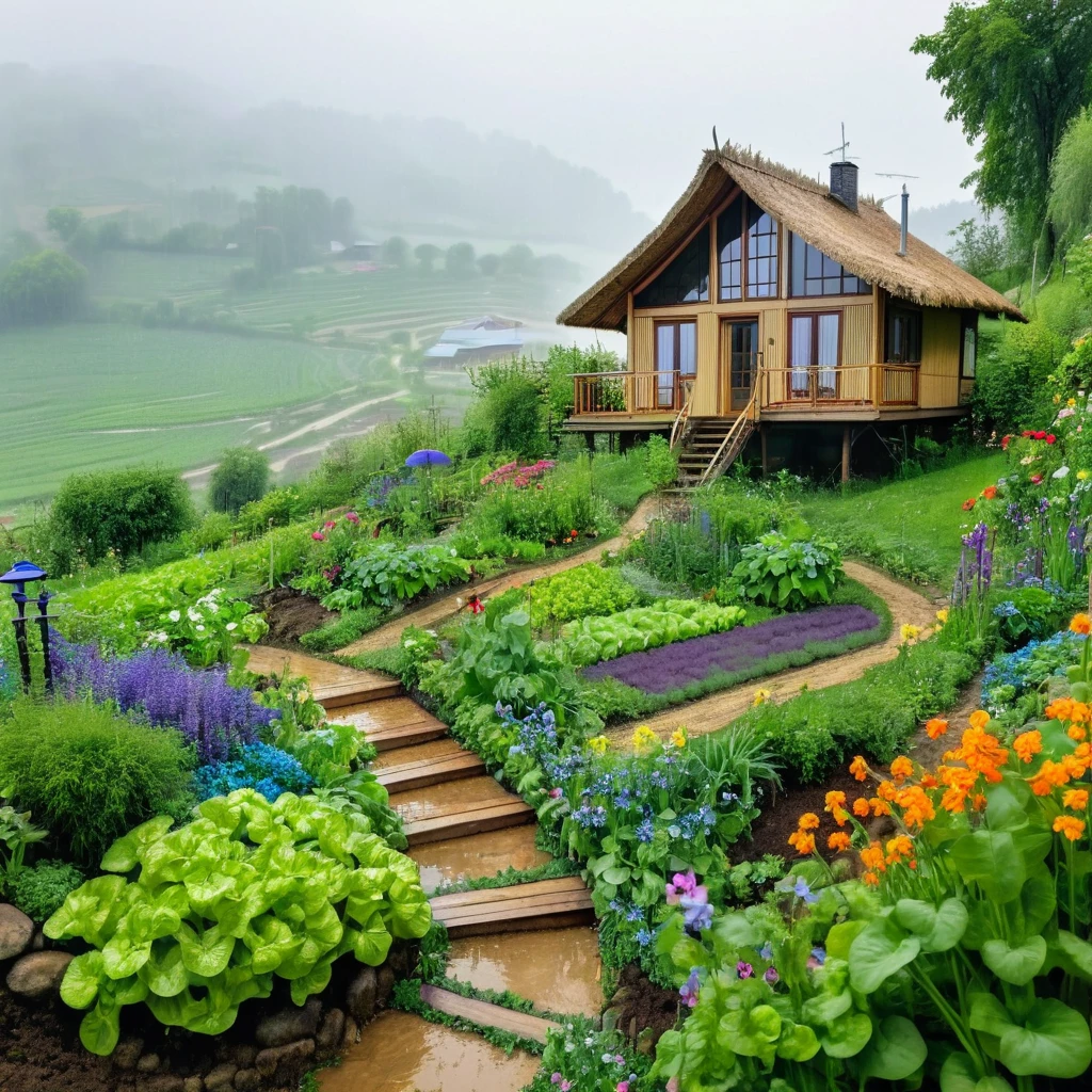 view from far, cottage, the sacred symbol of nature, A straw house on the hill (stilt house), garden around the house with vegetables, A pathway to the house with many flowers, violets, bluebottles. In front of the house is a valley with vegetables. scenery, a rainy day