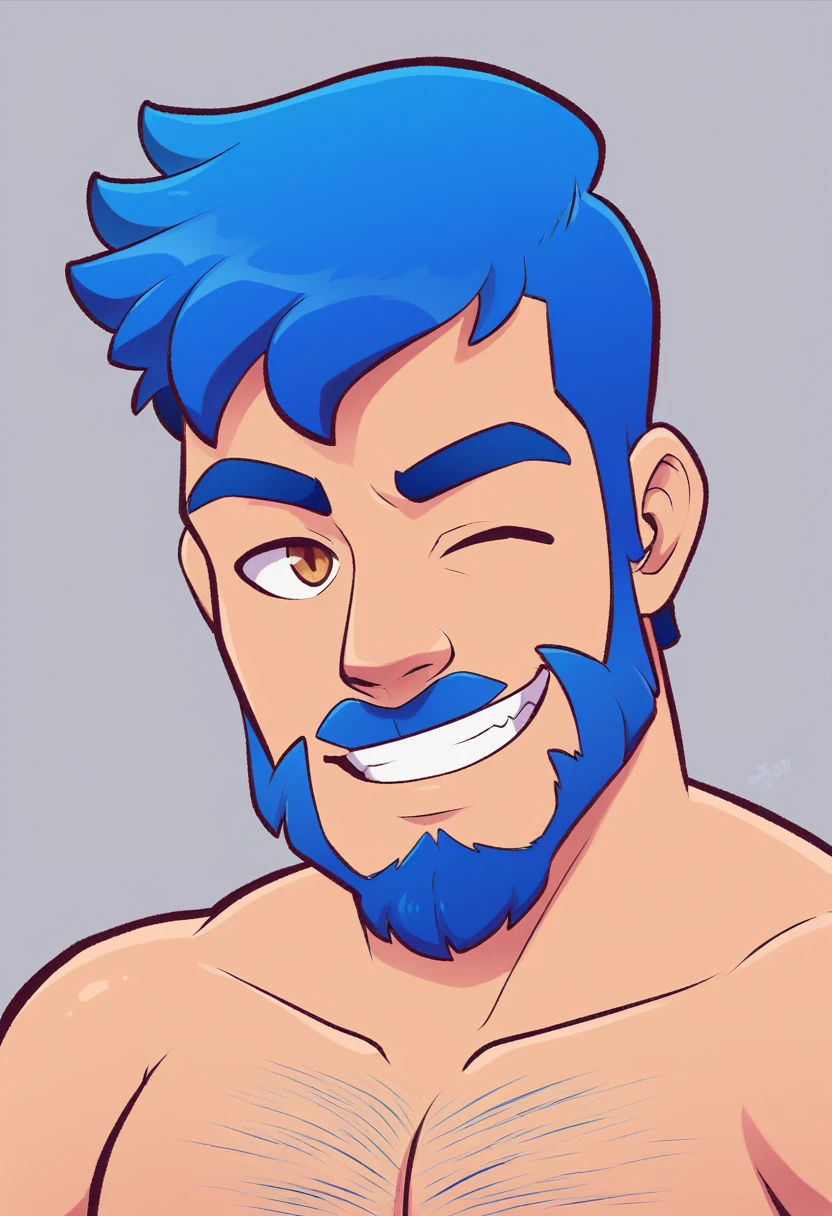 (resting on fruits) (Best Quality, 4k, 8k, high resolution, Masterpiece: 1.2), ultra detailed, Male portrait, medium closeup, very detailed face, detailed facial features, spectacular lighting, close-up, from above, anatomically correct, super detail, full blue beard and short blue hair, wink, smile, hairy chest,