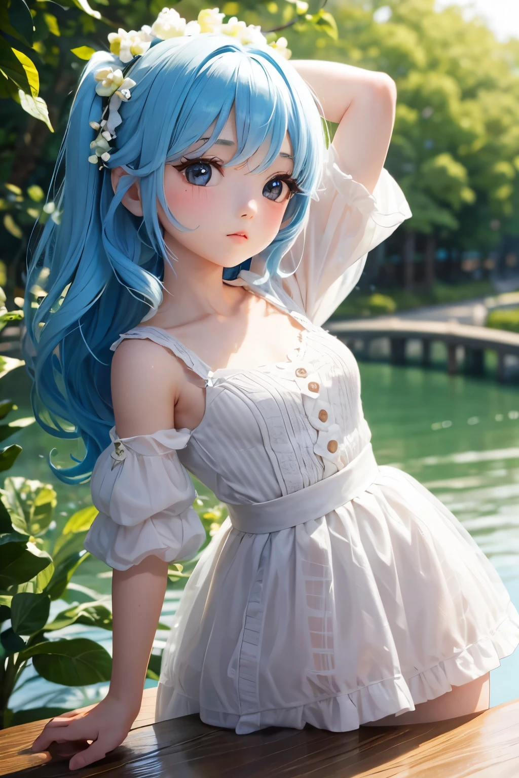 Chibi Girl Doll、bank、river、bridge、Enjoying stretching、Very detailed、Ultra-realistic、Photorealistic、8K、Hyperrealistic、masterpiece、Beautiful detailed eyes、Beautiful detailed lips、Very detailedな顔、Long eyelashes、Beautiful young girl、Calm expression、Warm colors、Beautiful lighting、Cinematic、Intricate details、Bright colors、natural environment、Lush vegetation、Soft Focus、Depth of written boundary