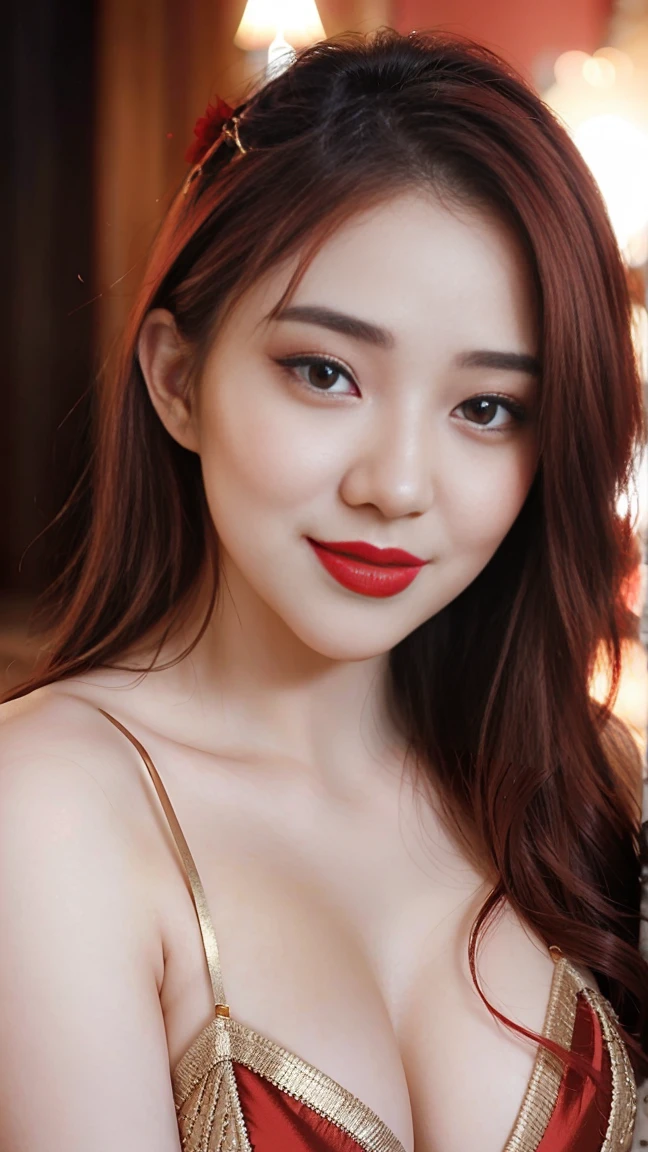 instagram photo, closeup face photo of 23 y.o Chloe in kebaya, Red Lipstick, sensual Lipstick, Sensational Make Up, cleavage, pale skin, (smile:0.4), hard shadows, Red G-STRING, gold Hair, bright lighting