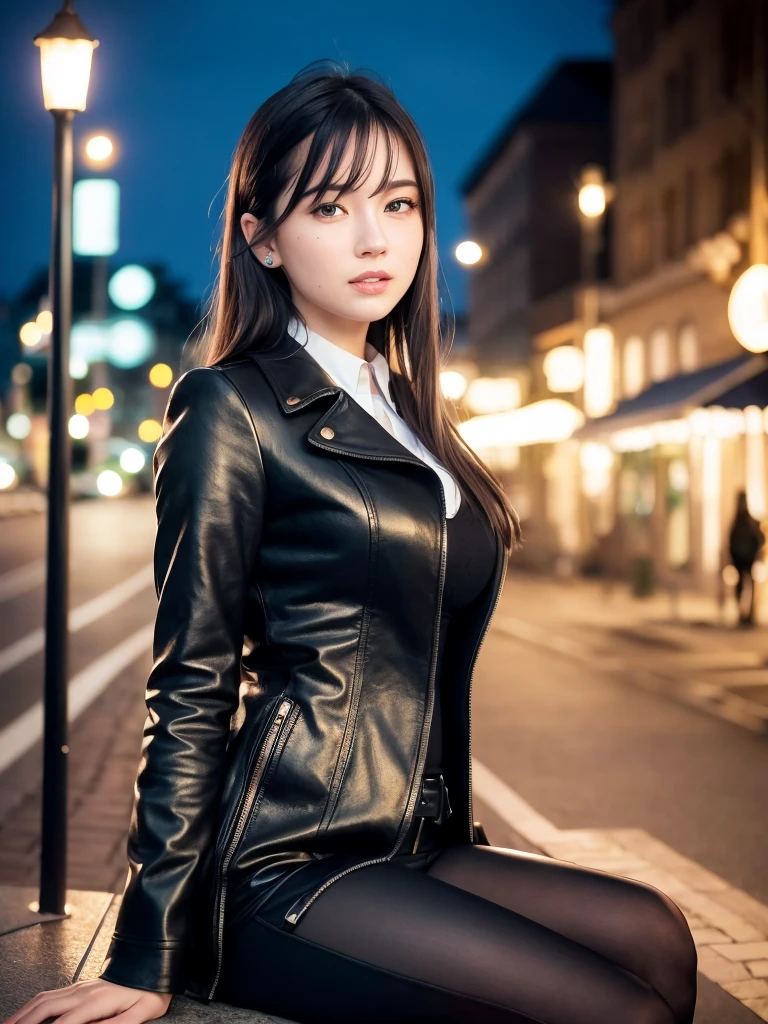 (8k, best quality, masterpiece:1.2), (realistic, photo-realistic:1.37), ultra-detailed,
1 girl,cute, solo,beautiful detailed sky,detailed cafe,sitting,dating,(nose blush),(smile:1.15),(closed mouth) small breasts,beautiful detailed eyes, collared shir, black leather jack coat, white lace, black choke ,
(medium longth hair:1.2),floating hair ,NovaFrogStyle, white skin,cinematic light,night street,street light