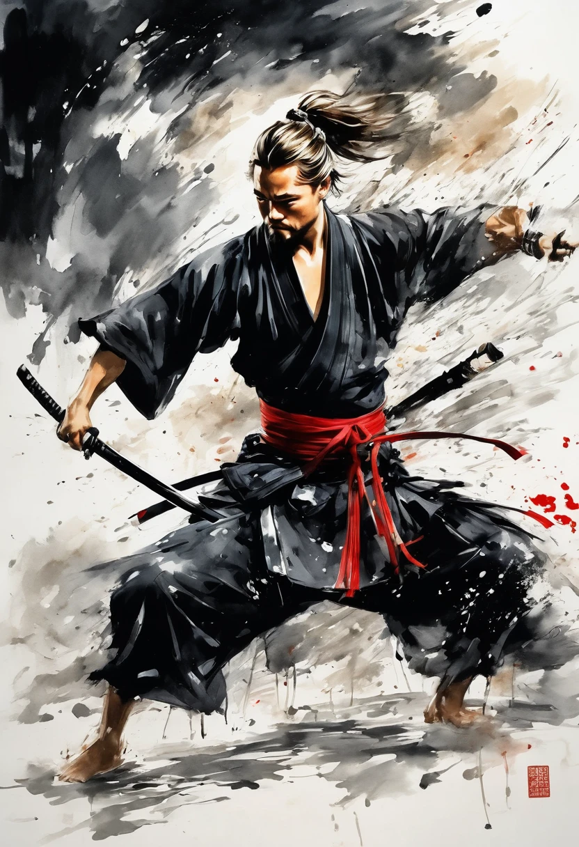 Ink painting,１color,whole body,smile,Leonardo DiCaprio,Medium Hair,Samurai,Black kimono,(haori),(Intense sword fighting scene with outstretched arms),Drawing strokes drawn with rot ring 0,Dynamic movement and powerful brushstrokes、splash,
