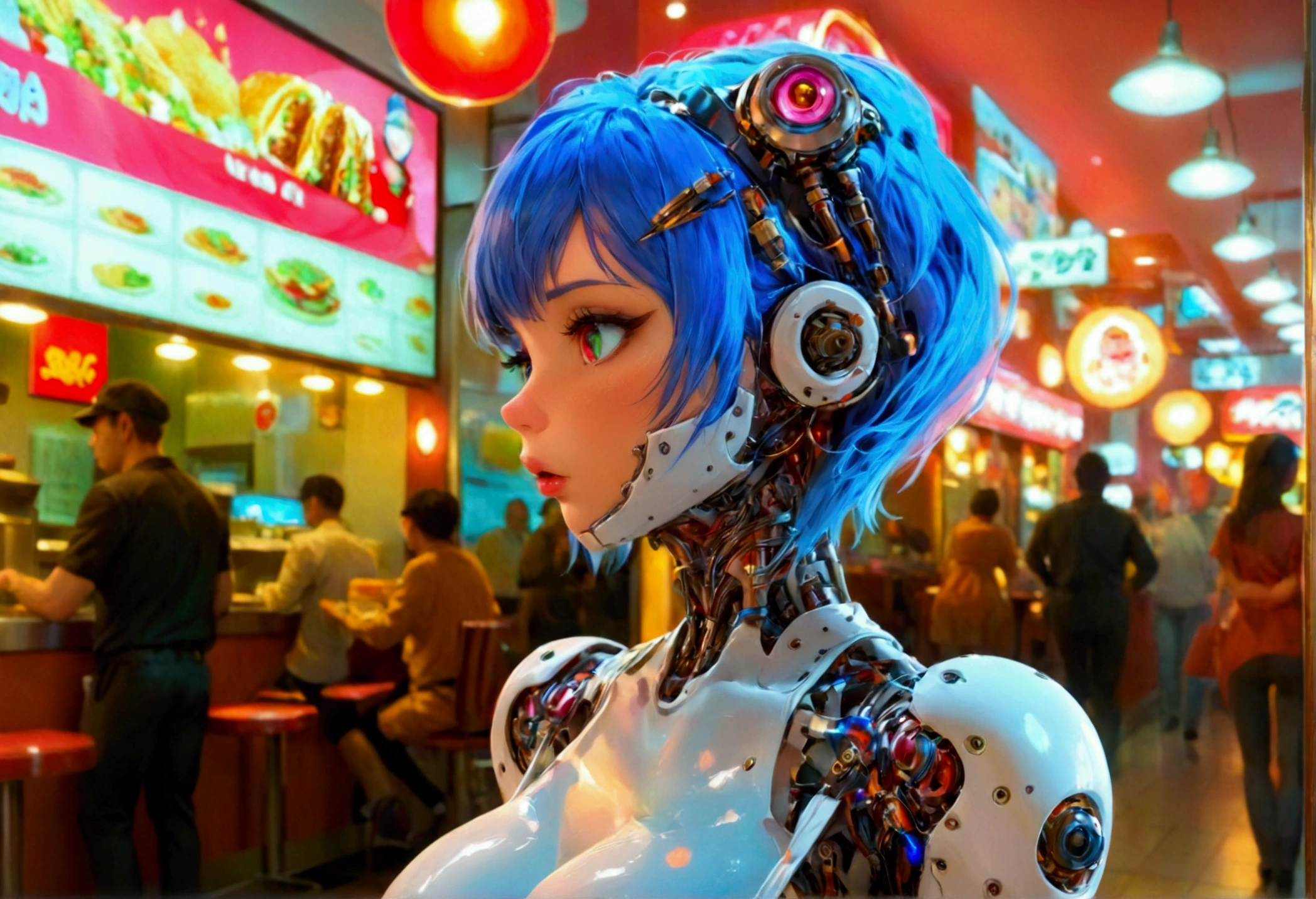 a cute android giga busty neon backlit eyes clearly mechanical joints apron and cap nude fast food worker at puny humans fully automated fast food restaurant crowded chubby patrons, best quality,4k,8k,highres,masterpiece:1.2,ultra-detailed,realistic,photorealistic,photo-realistic:1.37,HDR,UHM,studio lighting,ultra-fine painting,sharp focus,physically-based rendering,extreme detail description,professional,vivid colors,bokeh,concept art