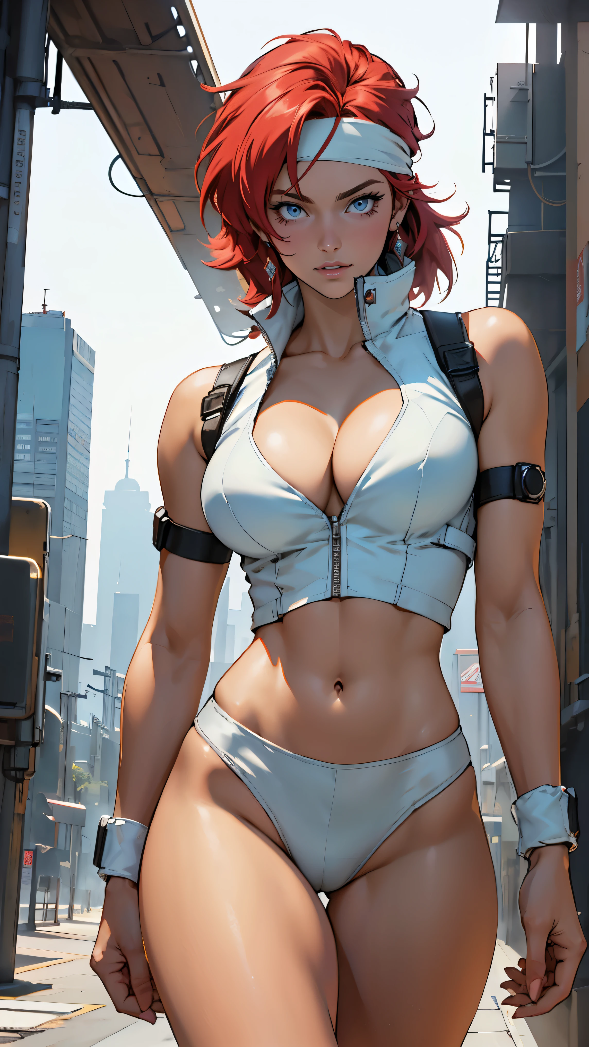 ((Masterpiece, highest quality; 1.3)), super quality, beautiful detail, super detailed, extra fine, 16K, exquisite, absurd, high resolution, beautiful background, detailed background, beautiful eyes, beautiful skin, anime style, Kay from Dirty Pair in a white outfit, tight outfit, cleavage, bushy redhead beauty, very light blue uniform, wearing tight clothes, skimpy, (mid chest: 1.2), cleavage, cleavage, slim waist , thin waist, slim thighs, thin legs, slim legs. thigh gap, showing stomach, skinny, thin hips, cyberpunk city background, holding retro space gun , headband,