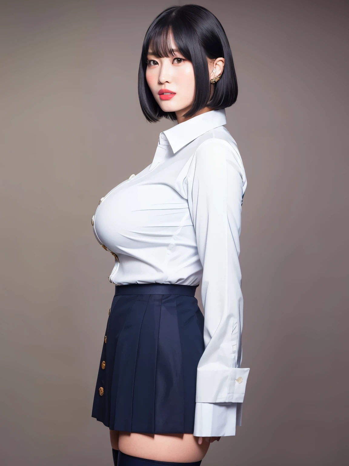 (((a picture of Momo))), (white button shirt), (short navy blue skirt), (black thigh high stockings), (detailed lighting, extremely detailed skin, extremely detailed hair, shadows, 8k), looking at viewer, (High Key Lighting), masterpiece, top quality, best quality, official art, unity 8k wallpaper, higher, ultra-high res, ultra-detailed, beautiful and aesthetic, (((very large breasts))), bigger breasts, very tight shirt, button starching fabric to it limit , very detailed face