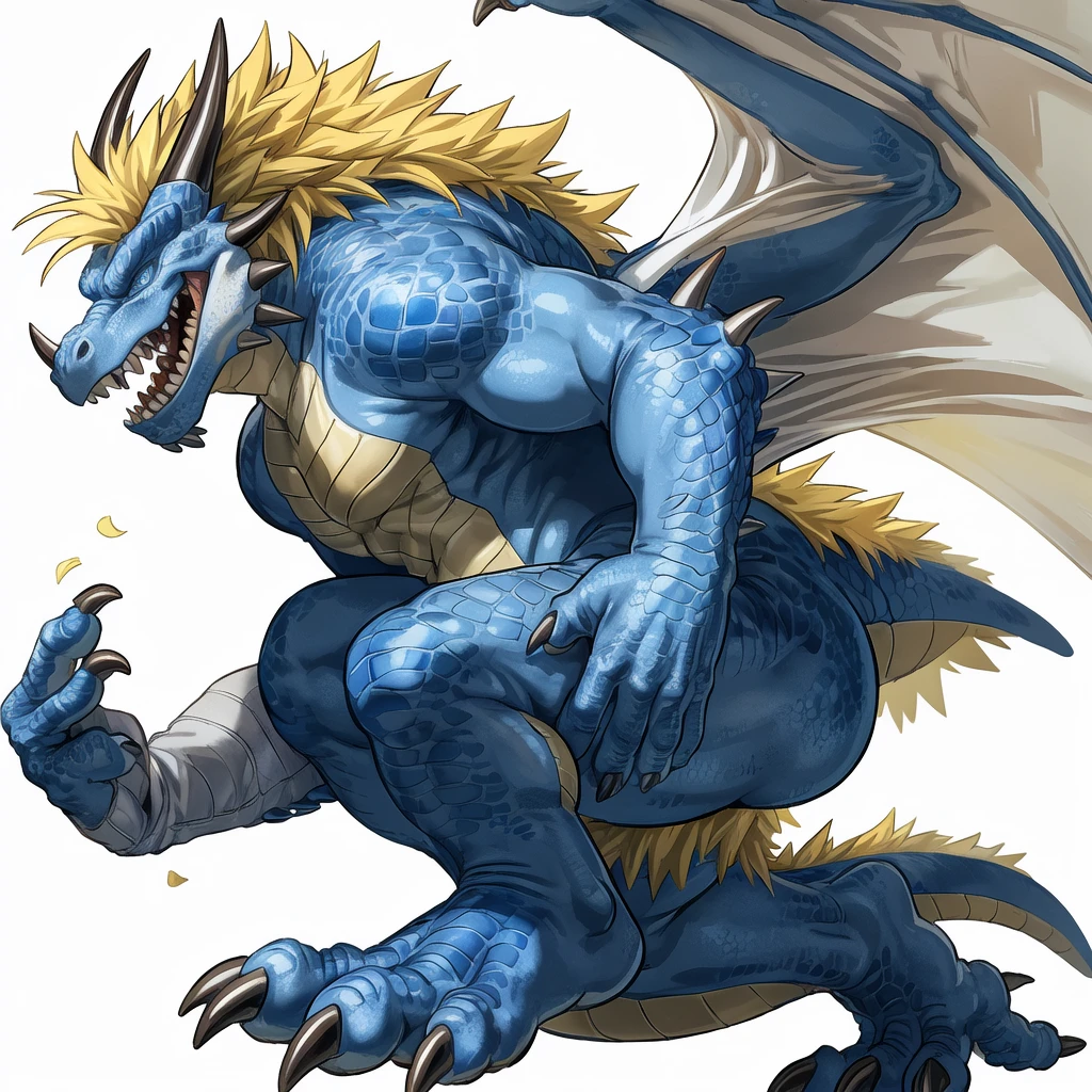 ( blue eyes dragon , dark blue and light blue scales and white belly, yellow crest hair ,  well built ,  profile, evil grin smug, kemono , high quality  , by rossciaco  ) ,floating air , four toes feet