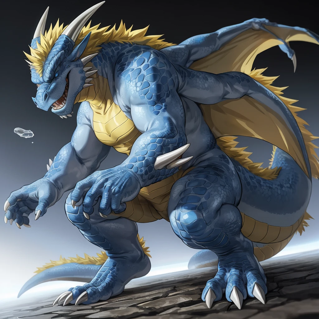 ( blue eyes dragon , dark blue and light blue scales and white belly, yellow crest hair , well built , profile, evil grin smug, kemono , high quality , by rossciaco ) ,floating air , four toes feet