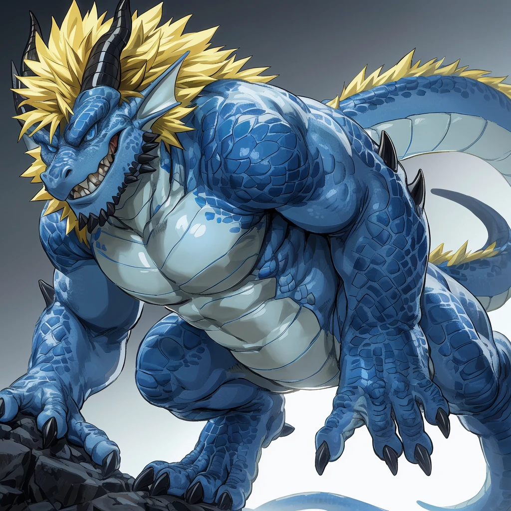 ( blue eyes dragon , dark blue and light blue scales and white belly, yellow crest hair , well built , profile, evil grin smug, kemono , high quality , by rossciaco ) ,floating air , four toes feet