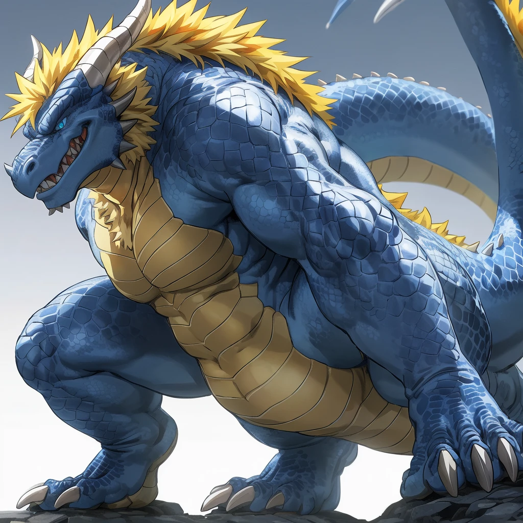 ( blue eyes dragon , dark blue and light blue scales and white belly, yellow crest hair , well built , profile, evil grin smug, kemono , high quality , by rossciaco ) ,floating air , four toes feet