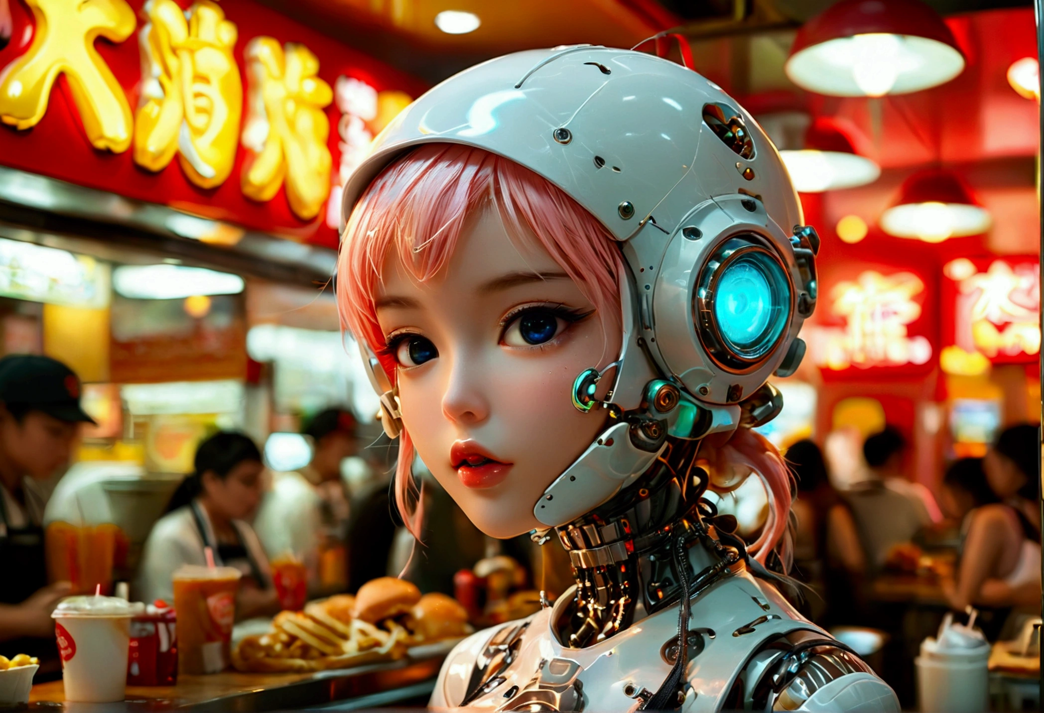 A cute android (giga busty, neon backlit eyes, clearly mechanical joints, apron and cap, nude) is a fast food worker at 'Puny Humans', a fully automated fast food restaurant. Crowded with chubby Asians