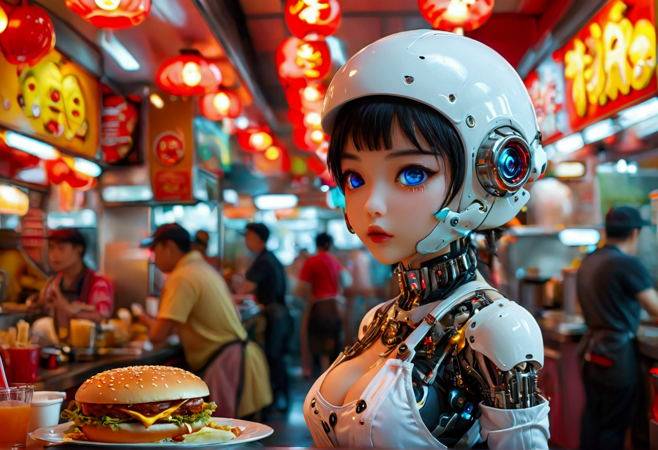 A cute android (giga busty, neon backlit eyes, clearly mechanical joints, apron and cap, nude) is a fast food worker at 'Puny Humans', a fully automated fast food restaurant. Crowded with chubby Asians
