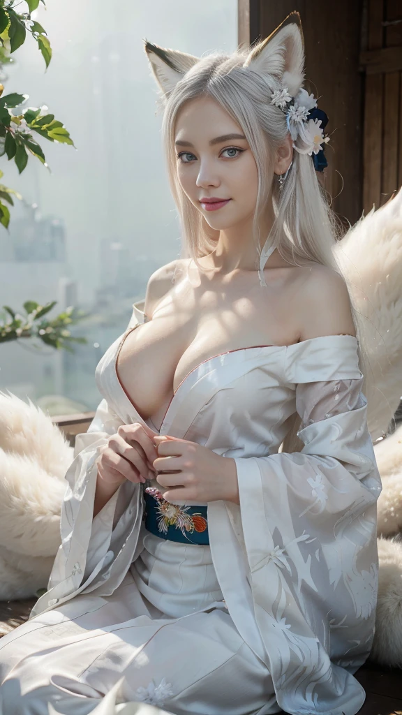 one nine-tailed fox girl wearing a kimono, Beutiful blue eyes, skin white,pale skin, white kimono, very long white hair, fox ears, nine fox tails, beautiful smile