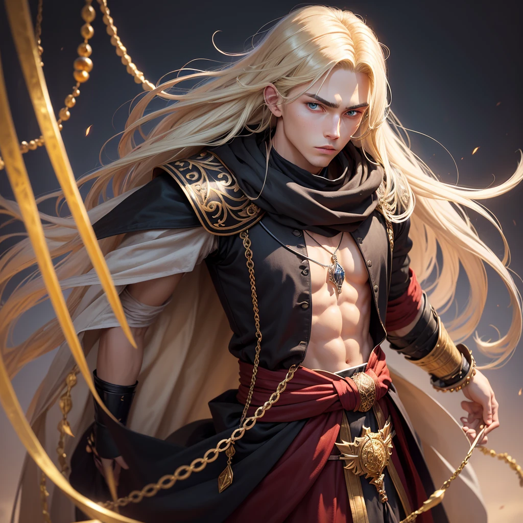Create me a 17 year old male ager, slightly long blonde hair with some white strands , golden eyes, a necklace with a blue stone and some details, a black medieval outfit and some bracelet of many colors , a red cloth wrapped around the waist and a serious face that gives off an aura of someone good.