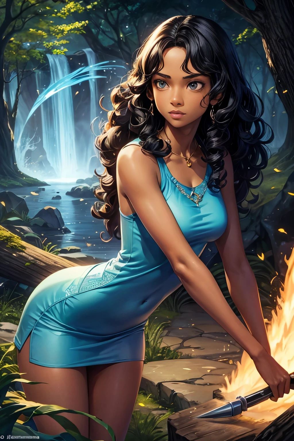 Percy Jackson books, a brownskin black teenage girl, with curly straight hair who has weapons and she’s in the woods 