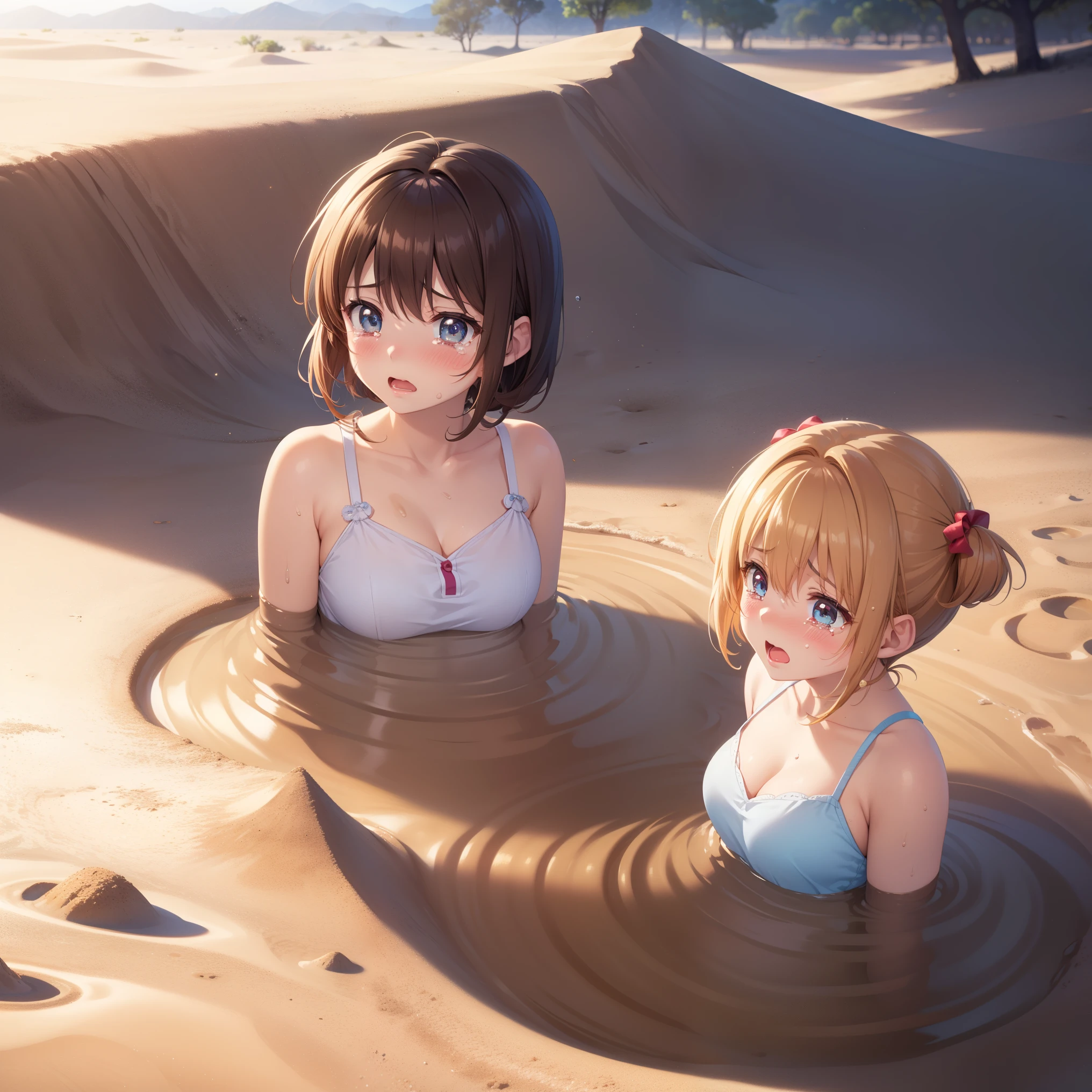 masterpiece, best quality, highres, (5girls), (multiple girls:1.4), blush, anime CG style, good lighting, desert, sand, (quicksand, partially submerged), (upset, tears in her eyes), kinomoto sakura, aichan, breasts