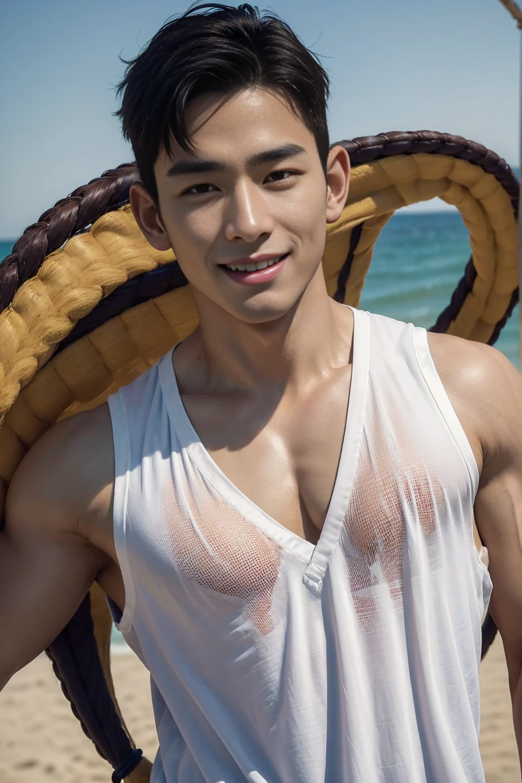 (Create a masterpiece: 1.2),(CGI art:1.3),(realistic:1.5),(After processing:1.3), (Sharp focus:1.3), 1 man, open mouth, smile, (Vest), shorts, Korean guy , korean men, (High gloss details), chest muscles, large arm muscles, blood vessel, Big muscles, Broad shoulders, looking at the audience, Balancing the eyes, Seaside, beach, sunlight, running towards the camera