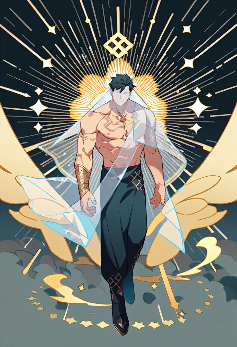 single adult man, focus man , angel , Totally naked, wearing a transparent robe with thin gold embroidery. , Wearing a black transparent veil , show muscles ,Floating in the cloudy sky ,  full body, Intricately detailed background with stars