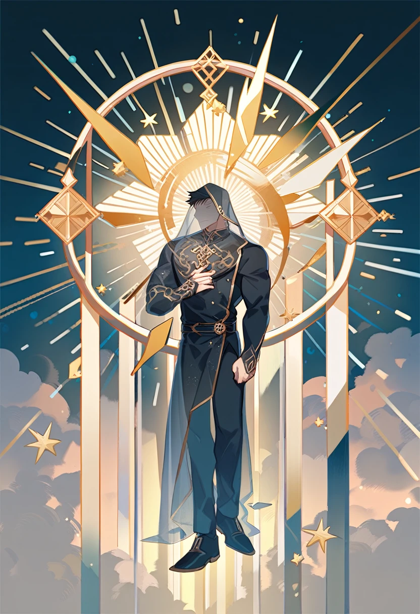 single adult man, focus man , angel , Totally naked, wearing a transparent robe with thin gold embroidery. , Wearing a black transparent veil , show muscles ,Floating in the cloudy sky , full body, Intricately detailed background with stars