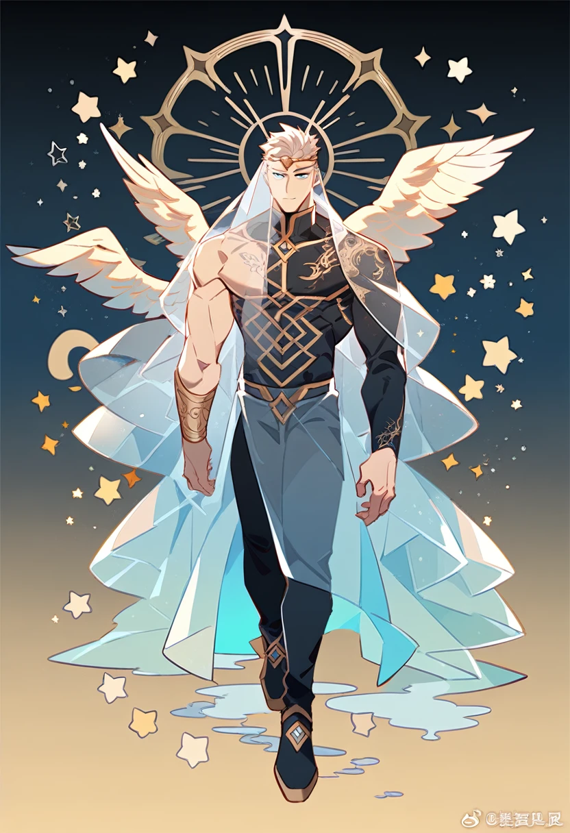 single adult man, focus man , angel , Totally naked, wearing a transparent robe with thin gold embroidery. , Wearing a black transparent veil , show muscles ,Floating in the cloudy sky , full body, Intricately detailed background with stars