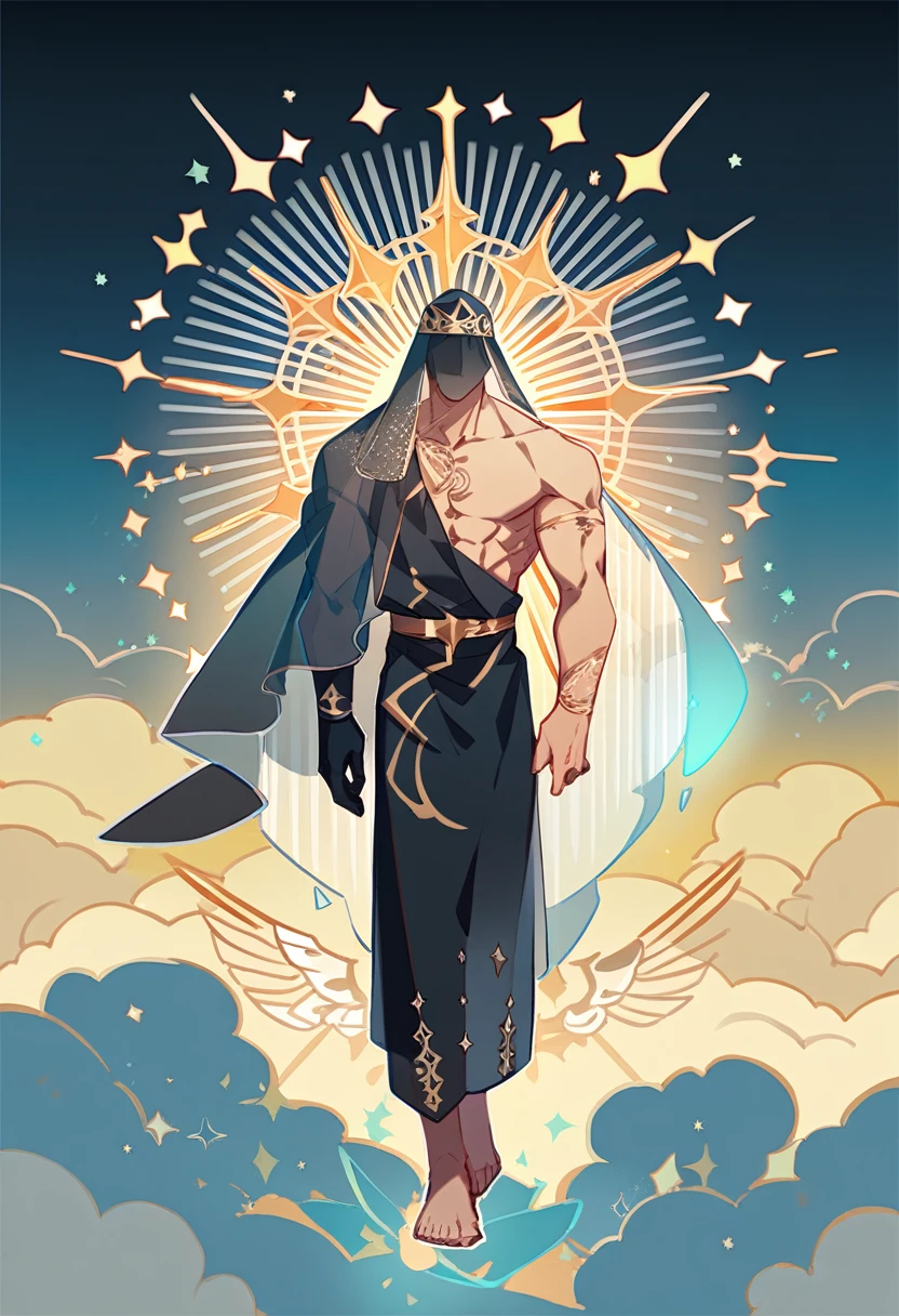 single adult man, focus man , angel , Totally naked, wearing a transparent robe with thin gold embroidery. , Wearing a black transparent veil , show muscles ,Floating in the cloudy sky , full body, Intricately detailed background with stars