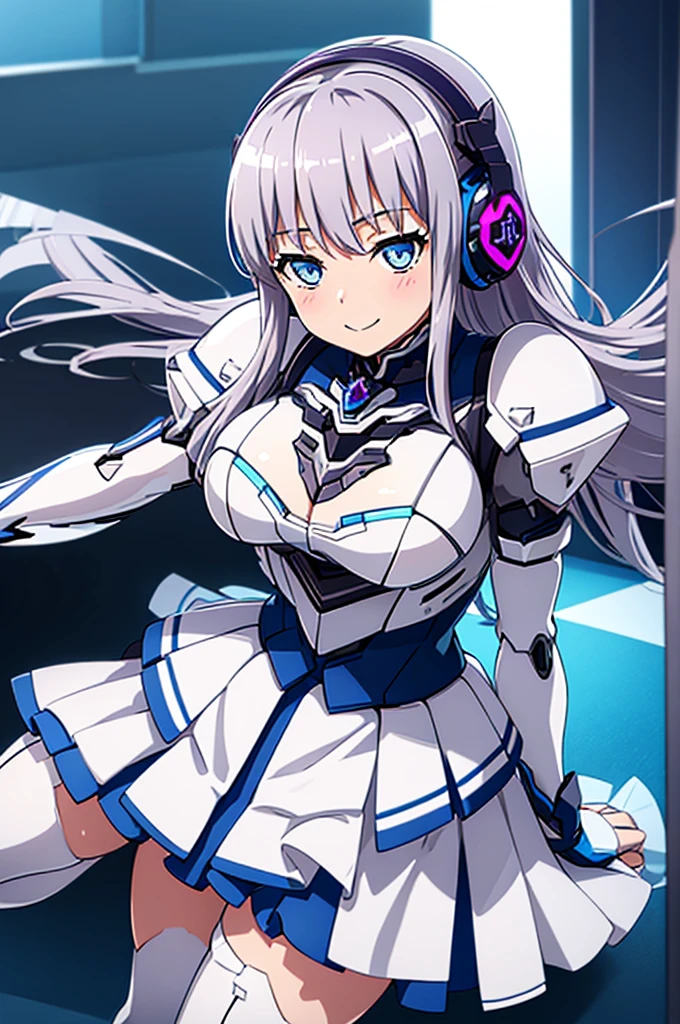 Mecha Wings、White and blue skirt、Accentuated thighs、White tights、chest、Beautiful silver hair、1 girl、solo girl、Thick thighs、is、Frame Arms Girl、Alice Gere Aegis、White Armor、Blue and purple lines、income、headphone、hand on own chest、smile