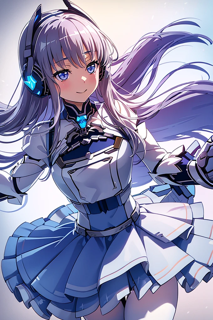 Mecha Wings、White and blue skirt、Accentuated thighs、White tights、chest、Beautiful silver hair、1 girl、solo girl、Thick thighs、is、Frame Arms Girl、Alice Gere Aegis、White Armor、Blue and purple lines、income、headphone、hand on own chest、smile