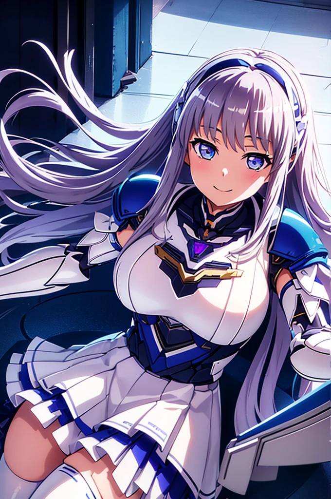 Mecha Wings、White and blue skirt、Accentuated thighs、White tights、chest、Beautiful silver hair、1 girl、solo girl、Thick thighs、is、Frame Arms Girl、Alice Gere Aegis、White Armor、Blue and purple lines、income、headphone、hand on own chest、smile