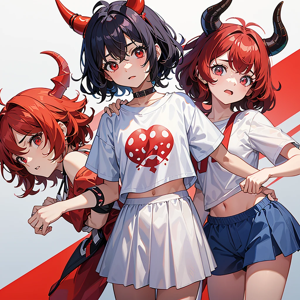 an -yeld giwith short curly brown hair and red horns on her head with red eyes in a white-blue T-shirt and white-blue shorts looks forward with a curse, side view on a white background