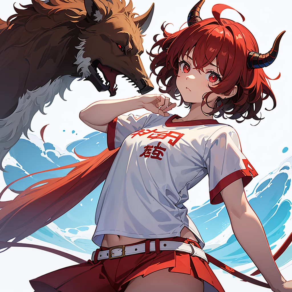 an with short curly brown hair and red horns on her head with red eyes in a white-blue T-shirt and white-blue shorts looks forward with a curse, side view on a white background