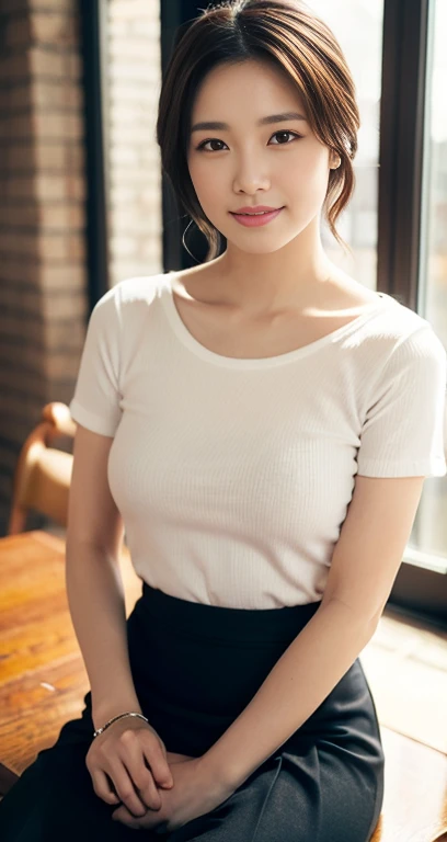 (a gorgeous korean lady, age 28, posing with a violin, wearing a white thin tight knit shirt & pleated pencil skirt, in a cosy room. she has dimpled cheeks, kind friendly smile, cute snaggle-tooth, short_hair_ponytail, realistic symmetrical face, beautiful detailed face, beautiful detailed eyes, ample_round_bosom, photorealistic, hyper-realism, high contrast, ultra HD, realistic skin textures, top image quality, top-quality, super high resolution, fine details, very meticulously, masterpiece, head_to_knees, the_Cowboy_shot, romantic_vibes, bokeh_background, serene_ambience) #CanonInD