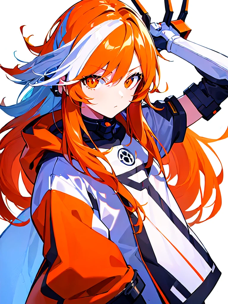 [(WHITE BACKGROUND:1.5),::5], ((((masterpiece)))), high quality, ultra very high resolution, full color, (((solo))), ((Mecha musume)),  girl, WHITE hair, ((orange streaked hair)), (orange eyes), anime, ((upper body)), black parka, cyborg armor