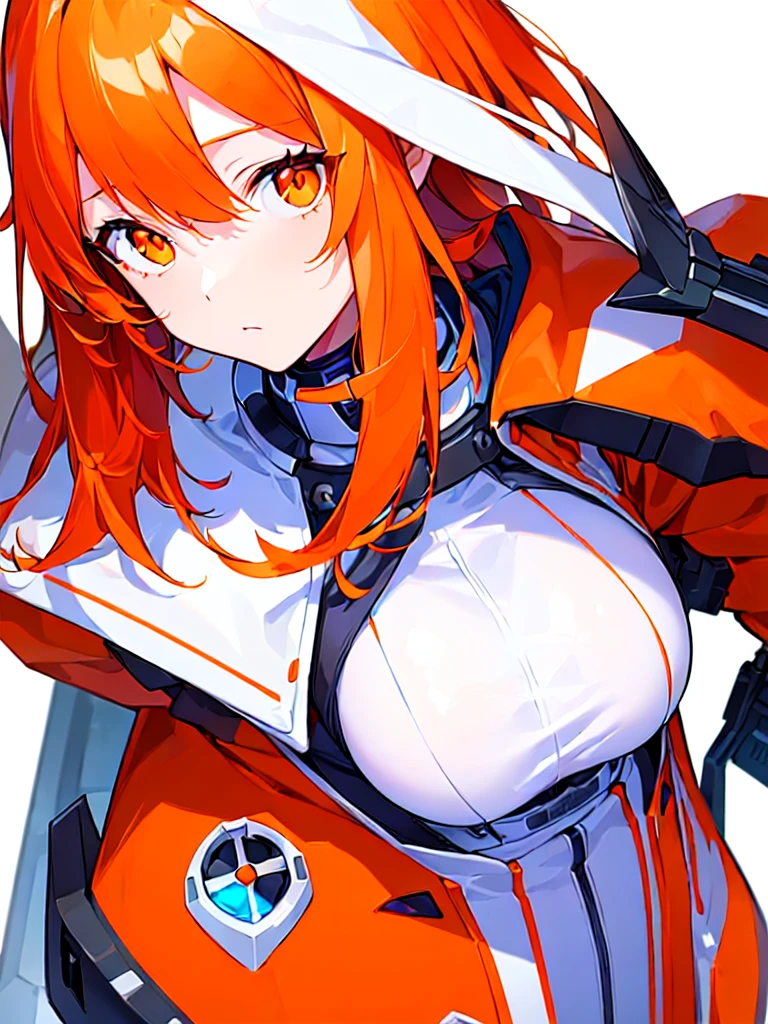 [(WHITE BACKGROUND:1.5),::5], ((((masterpiece)))), high quality, ultra very high resolution, full color, (((solo))), ((Mecha musume)),  girl, WHITE hair, ((orange streaked hair)), (orange eyes), anime, ((upper body)), black parka, cyborg armor