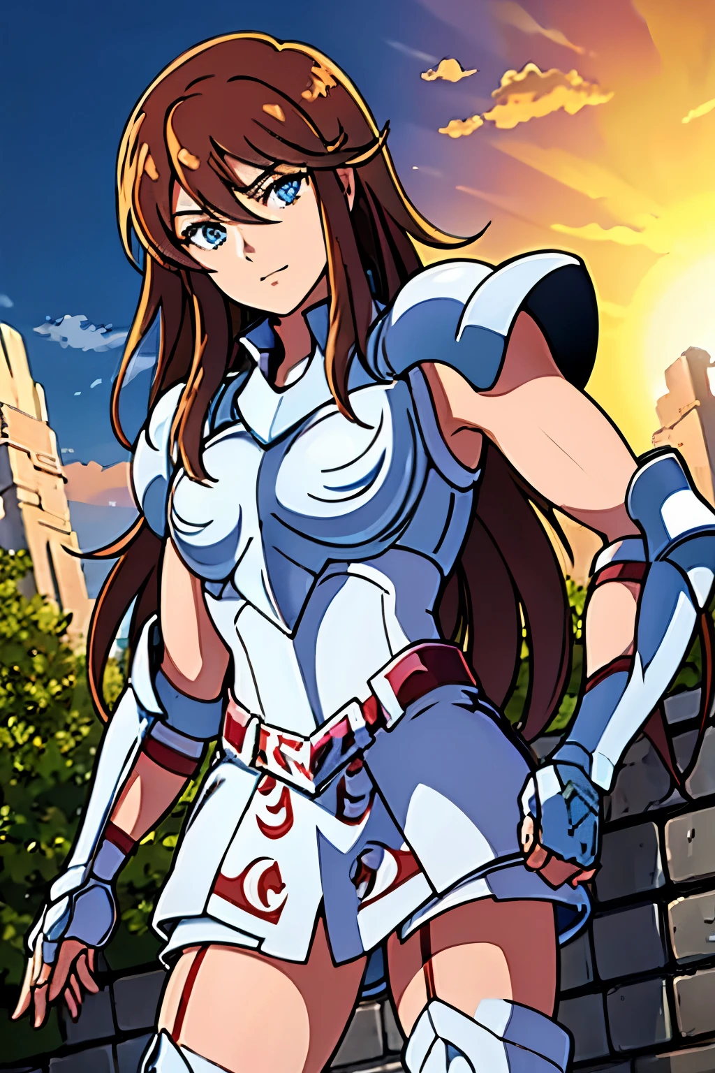 (high-quality, breathtaking),(expressive eyes, perfect face) portrait, Symmetrical Eyes, 1girl, solo, dark brown hair color, blue eyes, feminine face, cute smile, armor, saint seiya cygnus armor, fingerless gloves, medium breastplate, pauldrons, outdoors, ice, medium hair length, wavy spiky hair, Cordelia fe, Aiue Oka art Style, positive expression, confident, bust shot
