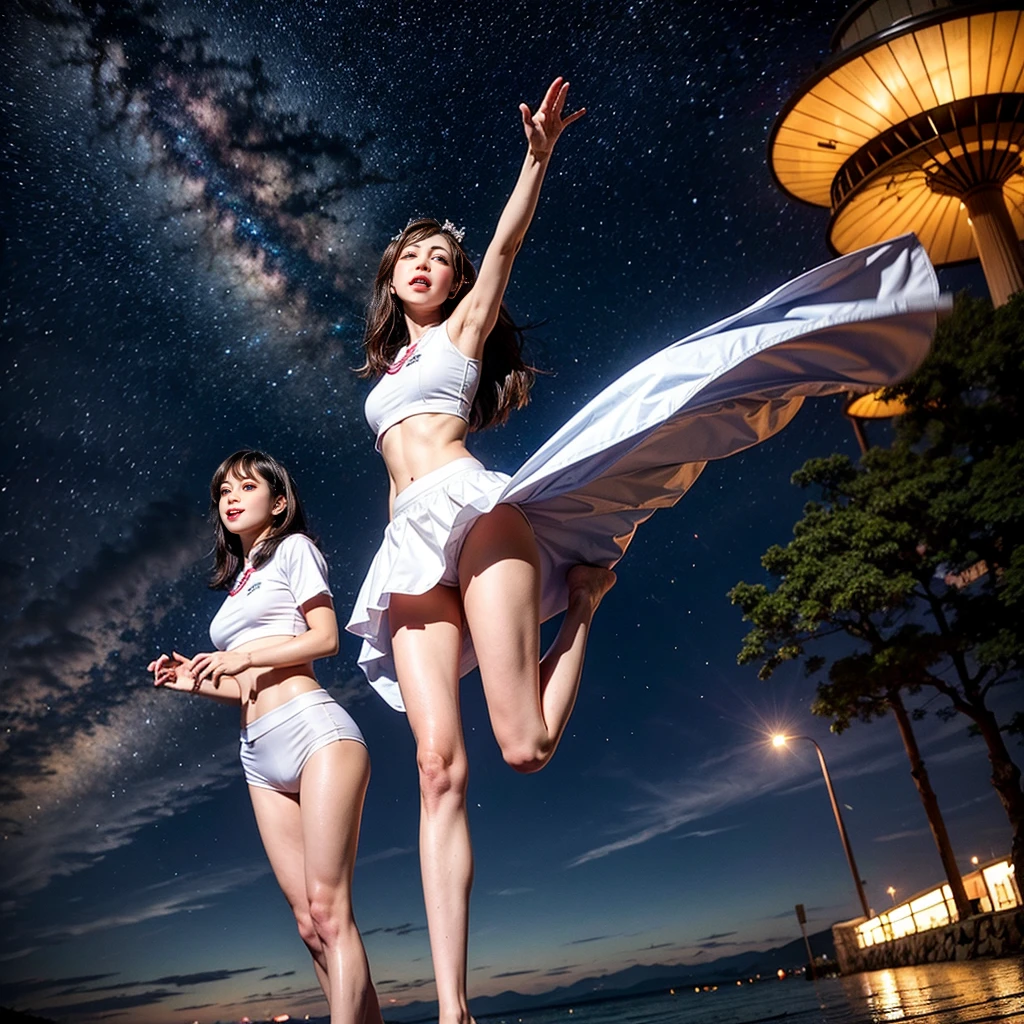 ManoErina, Masterpiece of ProfessionalPhoto ((ExtremelyDetailed (12 PICHIPICHI KAWAII Girls Floating in The Air in a row:1.37) in WHITE at Dusk Enoshima Beach)), {(Standing Full Body:1.2)|(from below:1.2)}, Different types of hair colors, {(skinny(SchoolSwimwear))|(SchoolUniform)with Tiny AthleticShorts}, {Detailed Childish hand|Hidden hand|Armpit|Different types of breasts of various sizes from HUGE to FLAT|(Clearly Visible the shape of Butt)}, Joyful Expressions LifeLike Rendering, PerfectLighting, (Dazzling Horizon Visible through ThighGap), (Starry IridescentParticles:1.22) ColorfulClouds