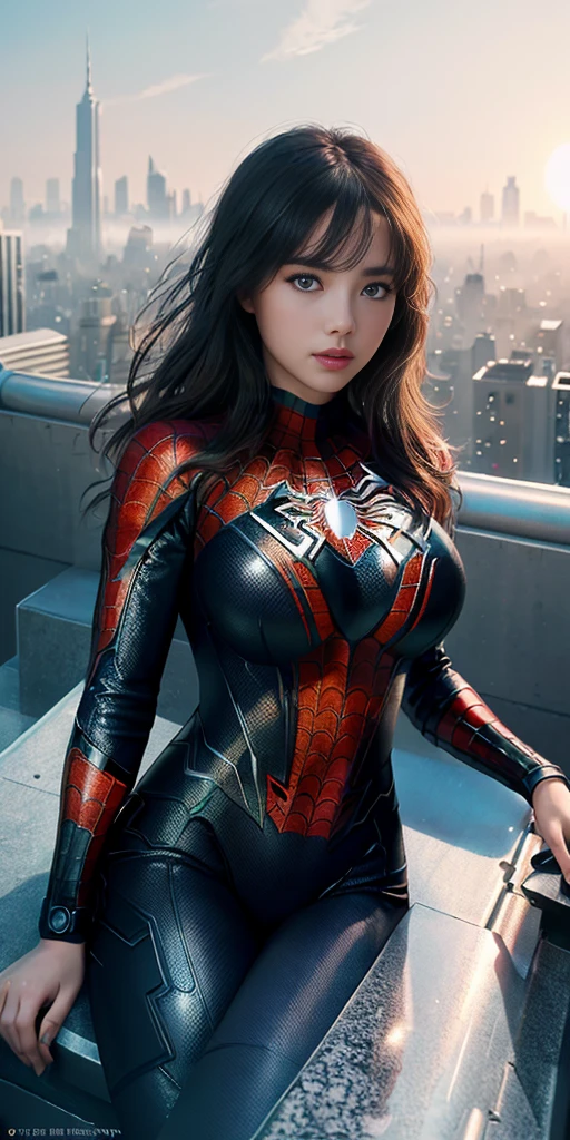 (1girl:1.3), solo, ((very detailed face)))), ((very detailed eyes and face))), beautiful detail eyes, body parts__, official art, unified 8k wallpaper, super detailed, beautiful and beautiful, beautiful, masterpiece, best quality, original, masterpiece, super fine photo, best quality, super high resolution, realistic realism, sunlight, full body portrait, amazing beauty, dynamic pose, delicate face, big breast, vibrant eyes, (from the front), she is wearing a Spider-Man suit, red and black color scheme, spider, very detailed city roof background, rooftop, overlooking the city, detailed face, detailed complex busy background, messy, gorgeous, milky white, highly detailed skin, realistic skin details, visible pores, clear focus, volumetric fog, 8k uhd, DSLR, high quality, film grain, fair skin, photo realism, lomography, futuristic dystopian giant metropolis, translucent