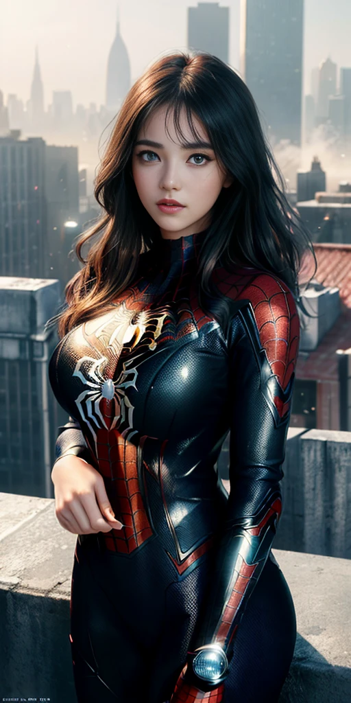 (1girl:1.3), solo, ((very detailed face)))), ((very detailed eyes and face))), beautiful detail eyes, body parts__, official art, unified 8k wallpaper, super detailed, beautiful and beautiful, beautiful, masterpiece, best quality, original, masterpiece, super fine photo, best quality, super high resolution, realistic realism, sunlight, full body portrait, amazing beauty, dynamic pose, delicate face, big breast, vibrant eyes, (from the front), she is wearing a Spider-Man suit, red and black color scheme, spider, very detailed city roof background, rooftop, overlooking the city, detailed face, detailed complex busy background, messy, gorgeous, milky white, highly detailed skin, realistic skin details, visible pores, clear focus, volumetric fog, 8k uhd, DSLR, high quality, film grain, fair skin, photo realism, lomography, futuristic dystopian giant metropolis, translucent