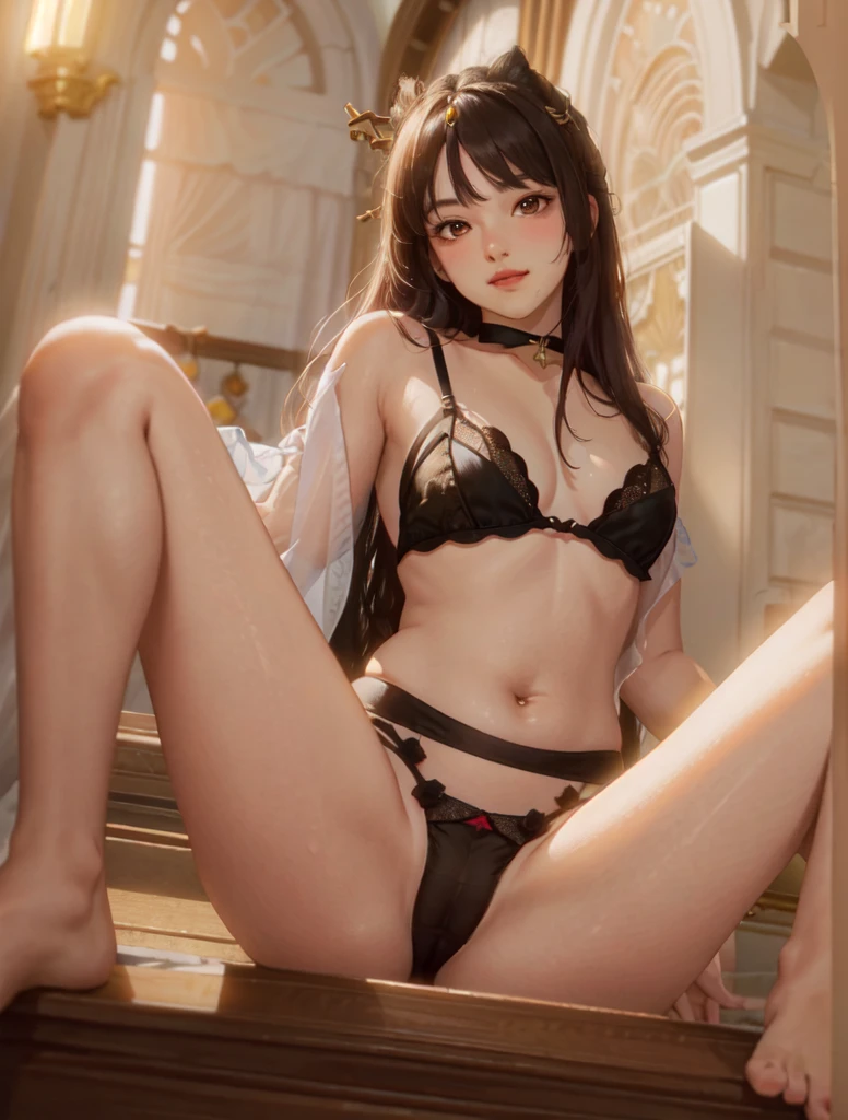 hires, 4k, masterpiece, best quality, ultra-detailed, illustration, epic lighting, cinematic composition, isometric, 1girl, solo, cute, brown eyes, black hair, swept bangs, single sidelock, red hairclip, enchanting gaze, captivating pose, indoors, office, door, opening door, looking at viewers, peeking out upper-body, blush, seductive smile, closed mouth, (8k:1.1), (body hair), (arm hair), (thigh hair), bare shoulders, (black 50% see-through lingerie), (protruding pubic bone), (obvious shape of camel toe)