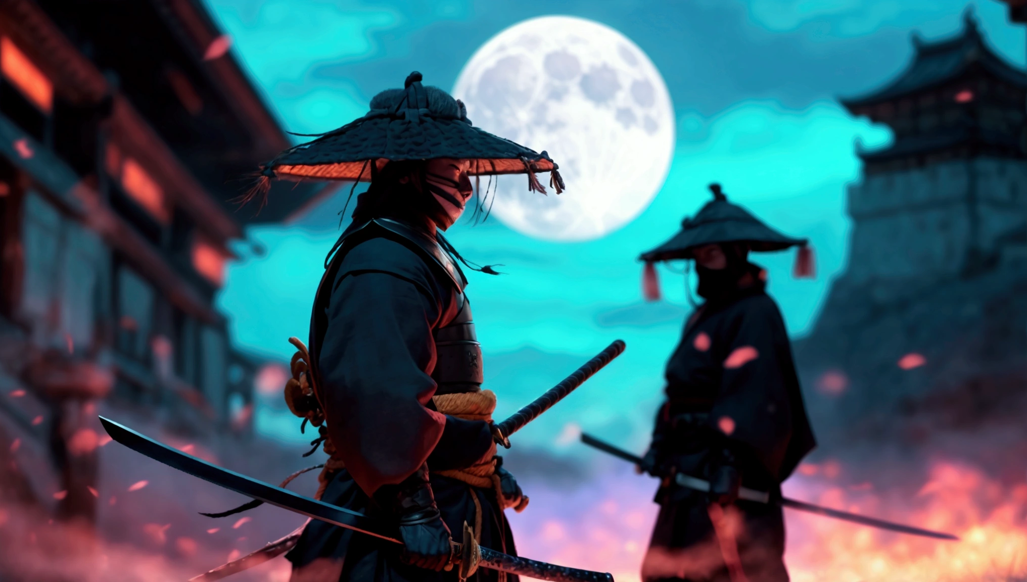 samurai in dark clothes, theft components, with a sword shining blue, facing the front, dark background, realistic,face hiding in the shadow, standing in front of a fortress in the full moon night.