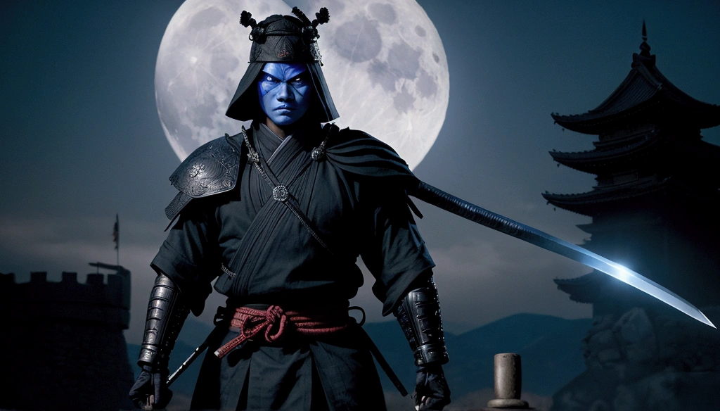 samurai in dark clothes, theft components, with a sword shining blue, facing the front, dark background, realistic,face hiding in the shadow, standing in front of a fortress in the full moon night.