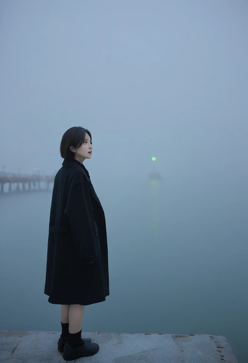 Korean woman,Short hair, black coat, cool,rain,blur,Fog,middle,cool,boring,,pier,only,Coast, The dim light shines in the Fog,and the figure stands in the Fog holding , 짙은 Fog 속에 멀리 등대가 희미하게 보인다.