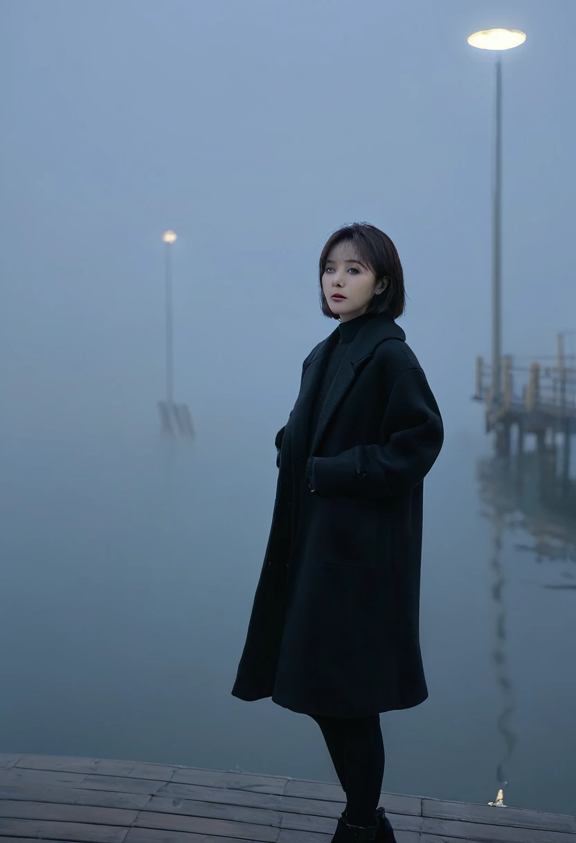 Korean woman,Short hair, black coat, cool,rain,blur,Fog,middle,cool,boring,,pier,only,Coast, The dim light shines in the Fog,and the figure stands in the Fog holding , 짙은 Fog 속에 멀리 등대가 희미하게 보인다.