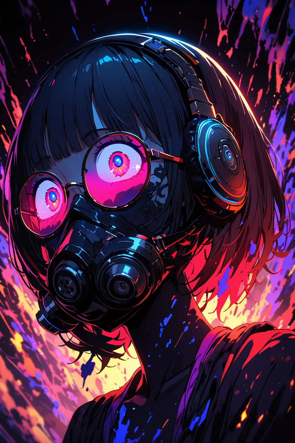 (extremely detailed fine touch:1.3), (((semi-rimless round eyewear:1.3))), (headphone:1.2), short hair, blunt bangs, 1 girl, full body, a gas mask、dead body、Blood everywhere、blood splashing、dark hue、Red hue、Cross-eyed、Stranger、View other people、Ahegao , Silly,Sexual ecstasy,Drunken eyes, Black hair, (finely detailed beautiful eye: 1.2), (Detailed background,Dark Fantasy), (beautifull detailed face), High contrast, (Best Illumination, extremely delicate and beautiful), ((Cinematic Light)), Colorful, Hyper Detail, Dramatic light,
