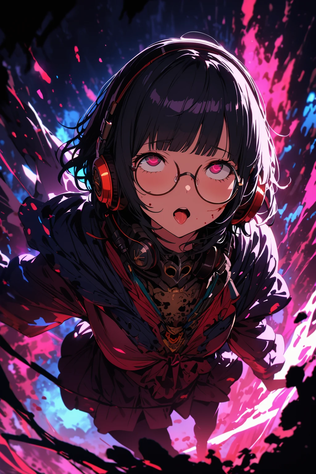 (extremely detailed fine touch:1.3), (((semi-rimless round eyewear:1.3))), (headphone:1.2), short hair, blunt bangs, 1 girl, full body, a gas mask、dead body、Blood everywhere、blood splashing、dark hue、Red hue、Cross-eyed、Stranger、View other people、Ahegao , Silly,Sexual ecstasy,Drunken eyes, Black hair, (finely detailed beautiful eye: 1.2), (Detailed background,Dark Fantasy), (beautifull detailed face), High contrast, (Best Illumination, extremely delicate and beautiful), ((Cinematic Light)), Colorful, Hyper Detail, Dramatic light,