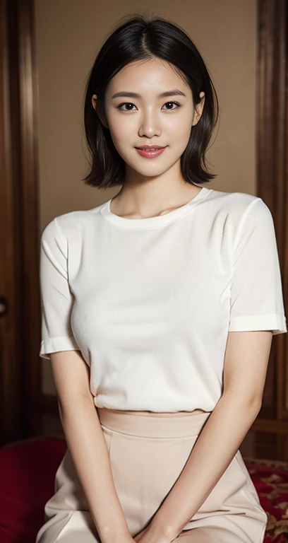 (a gorgeous korean lady, age 28, posing with a violin, wearing a white thin tight knit shirt & pleated pencil skirt, in a cosy room. she has dimpled cheeks, kind friendly smile, cute snaggle-tooth, short_hair_ponytail, realistic symmetrical face, beautiful detailed face, beautiful detailed eyes, ample_round_bosom, photorealistic, hyper-realism, high contrast, ultra HD, realistic skin textures, top image quality, top-quality, super high resolution, fine details, very meticulously, masterpiece, head_to_knees, the_Cowboy_shot, romantic_vibes, bokeh_background, serene_ambience) #CanonInD