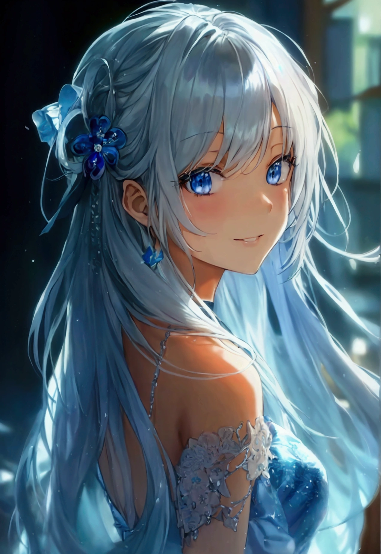 Silver Hair,long hair to the waist,long hair,Straight Hair,<<<Masterpiece>>>,anime,日本anime風日本anime調,2020s,Blue Eyes,pretty girl,,beautiful girl,No sleeve,Long skirt,smile