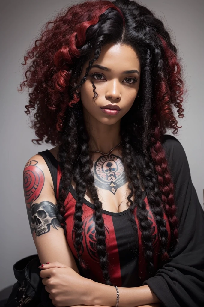 Hair transition curly black hair growing with red tips, afro-descendant woman with skull tattoo on her arm